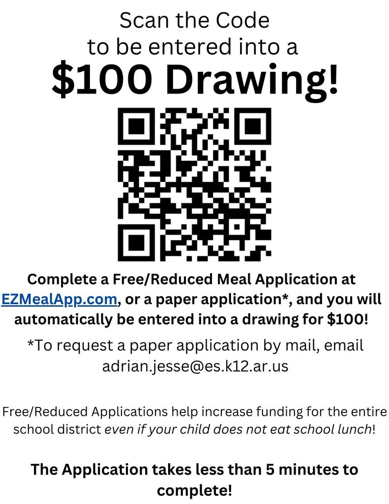 Anyone who completes a Free/Reduced Meal Application will automatically be entered into a drawing for a $100 Gift Card